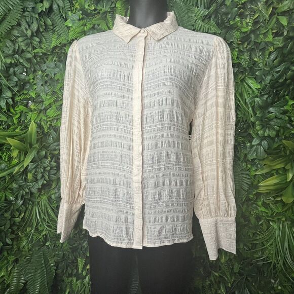 Guess Women Tops XL Beige Crinkle Blouse Collar Long Sleeve MSRP$89.00 NWT 0201 - Picture 6 of 16